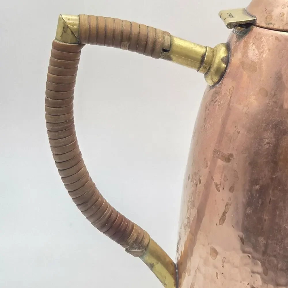 MCM Tea Pot O.H. Lagerstedt Swedish Hammered Copper & Brass 1950s Bamboo Handle
